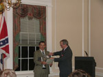 Col. Harry W. Gilmor Camp #1388 Commander James Doyle presents Certificate and Maryland Division, SCV Distinguished Service Medal to Compatriot and Historian Gregg Clemmer at the 20 th Annual  Gilmor Camp Candlelight Dinner  held at the Johns Hopkins Club, Nov. 10, 2006.